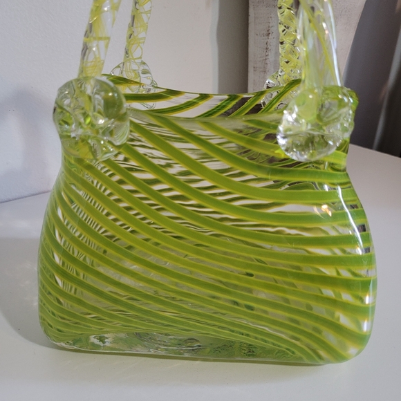 Vintage Lime Green Yellow Striped Swirls Art Glass Purse - Picture 7 of 9